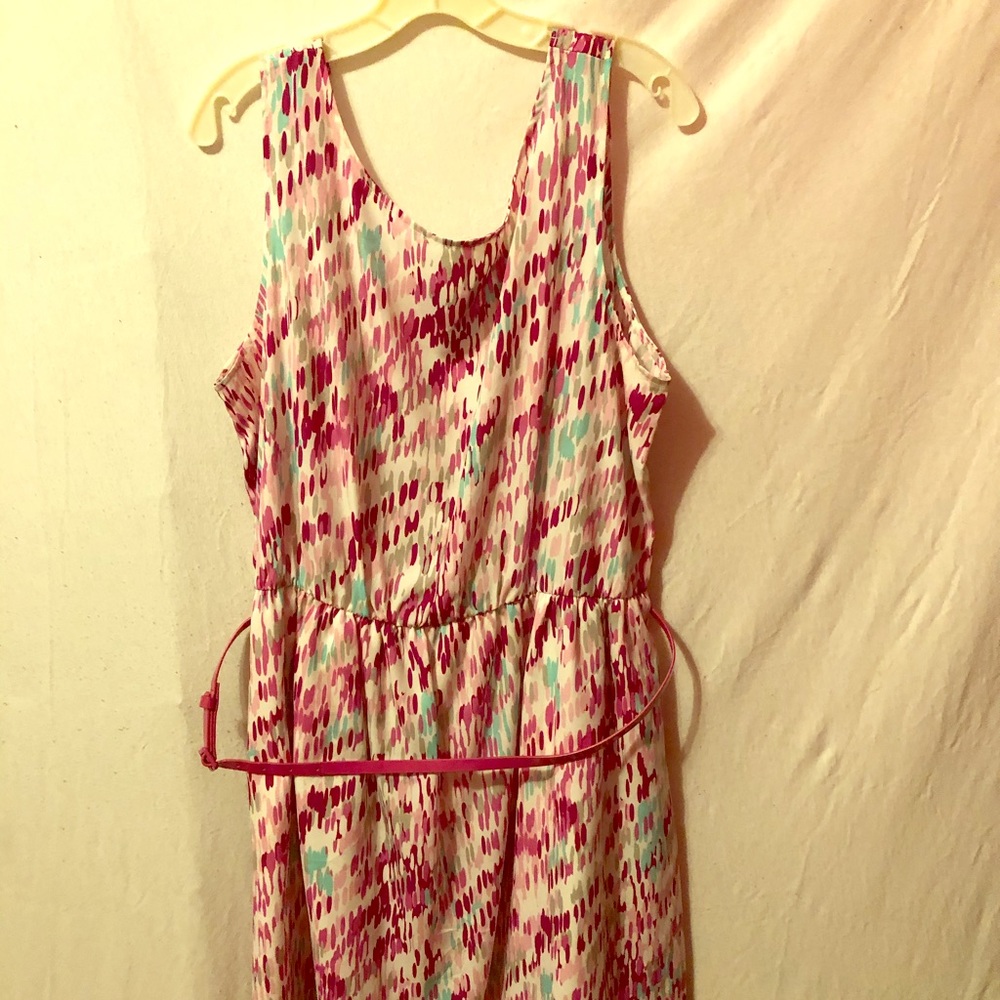 Multicolor A-line dress with skinny belt at waist